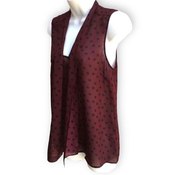Halogen Sheer Maroon Black Starburst V-Neck Tie Sleeveless Blouse - Picture 6 of 9